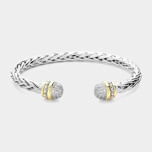 CZ Stone Tip Twist Braided Cable Cuff Bracelet Bangle Textured Metal Two Tone
